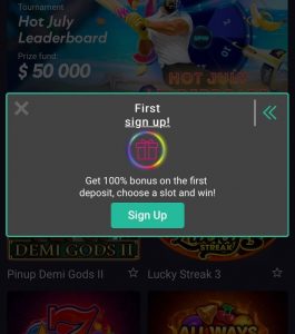 Pin Up Casino apk bonus page
