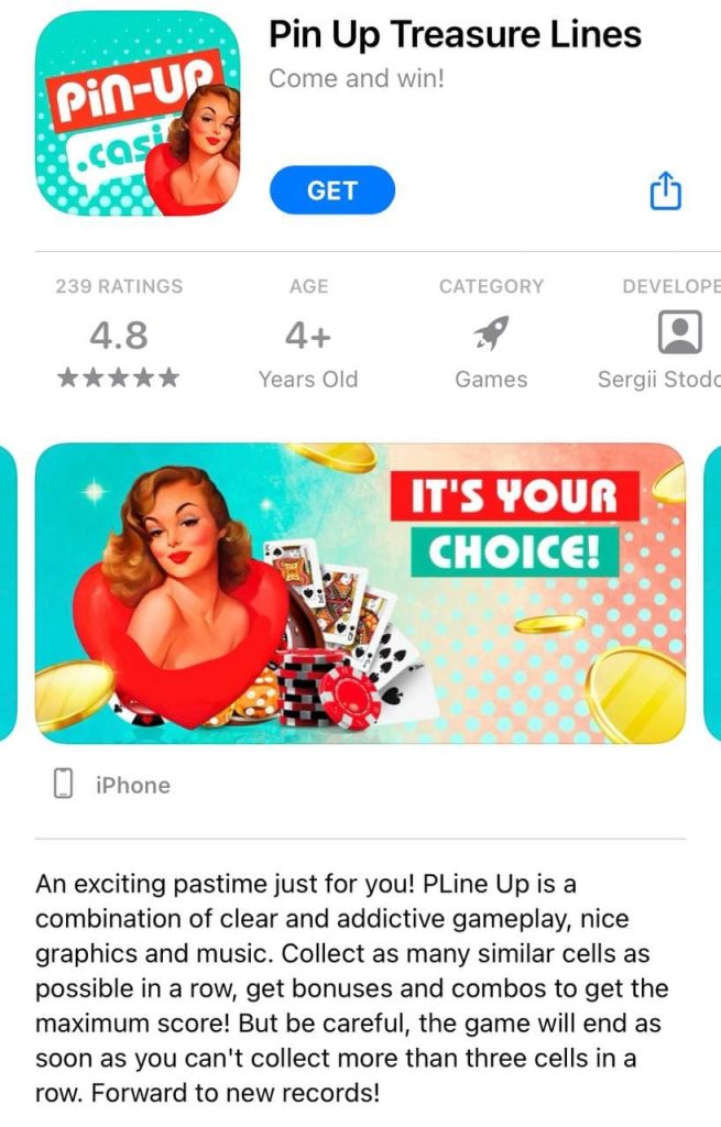 Pin Up App download page iOS